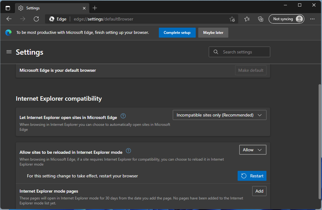 enable Internet Explorer on Windows 11 via Edge Settings