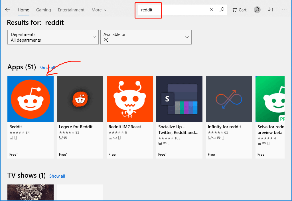 search for Reddit in Microsoft Store