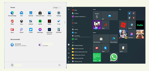 Start menu in Win11 and Win10