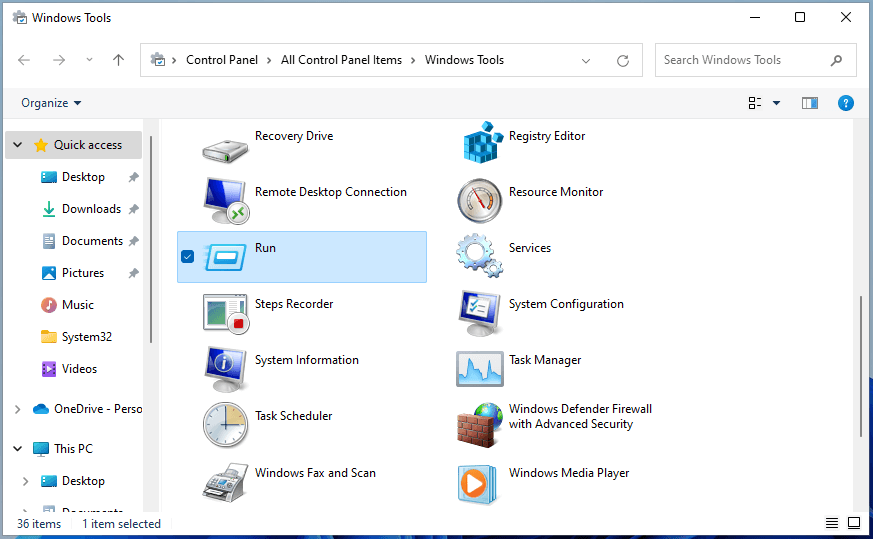 launch Windows 11 Run box in Windows Tools