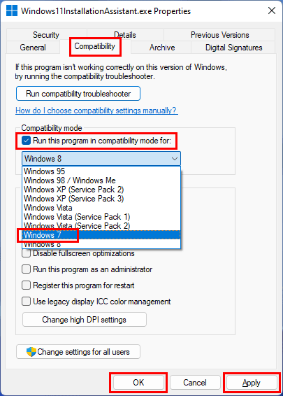 Enable run this program in compatibility mode for windows 7