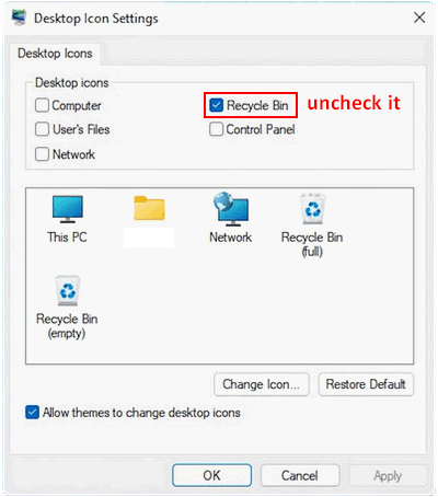 Uncheck Recycle Bin in desktop icon settings