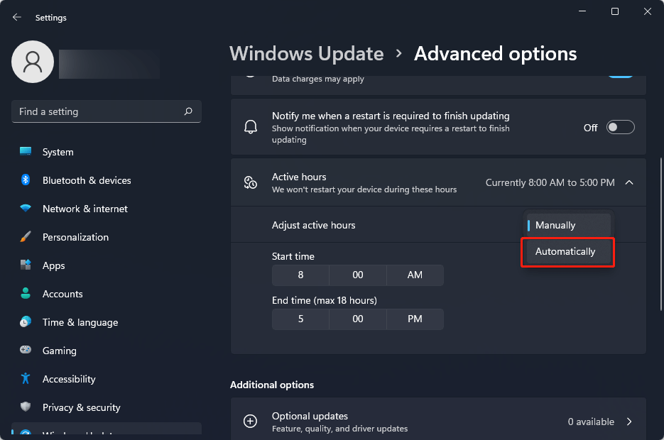 automatically set active hours on Windows 11