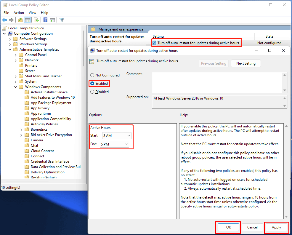 change active hours on Windows 11 using Group Policy