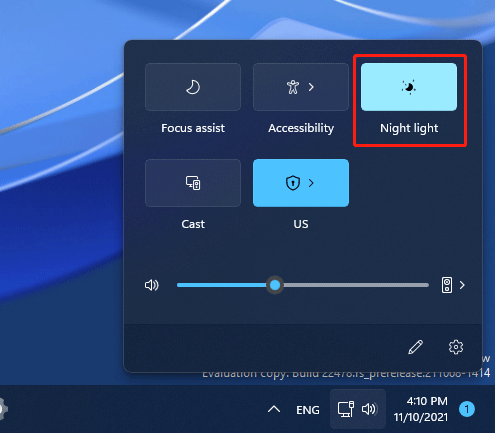 enable Windows 11 night light from Quick Settings