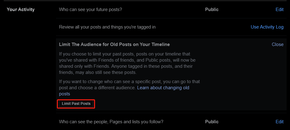 limit past posts option in Facebook
