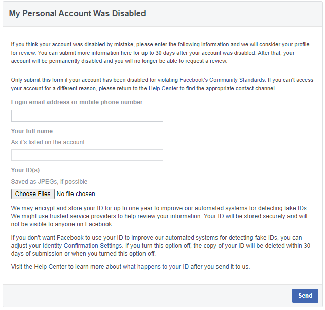 appeal to recover disabled Facebook account