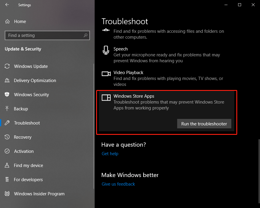 run Windows Store Apps troubleshooter from Settings