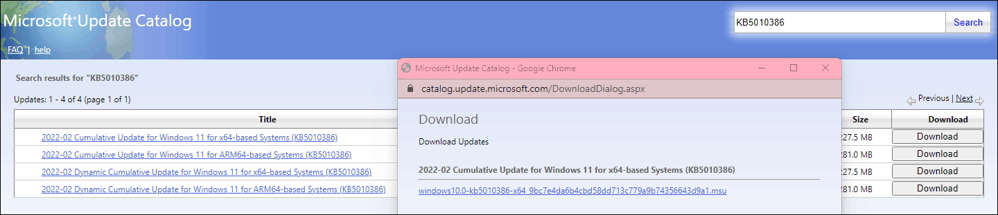 Windows 11 KB5010386 in Microsoft Update Catalog
