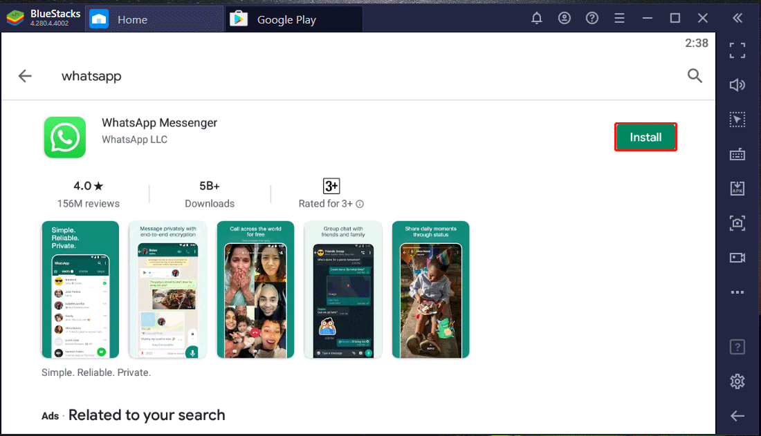 download and install WhatsApp via BlueStacks
