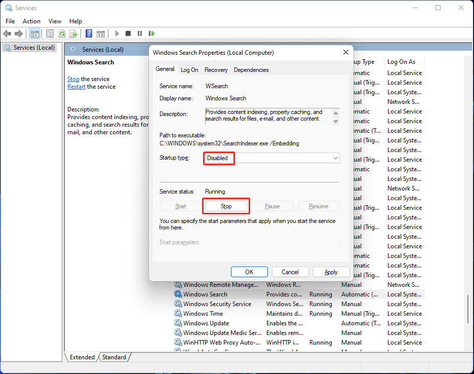 disable Windows Search on Windows 11