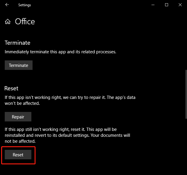 Reset the MS office settings