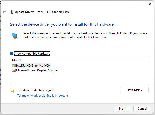 select the device driver you want to install for this graphics hardware