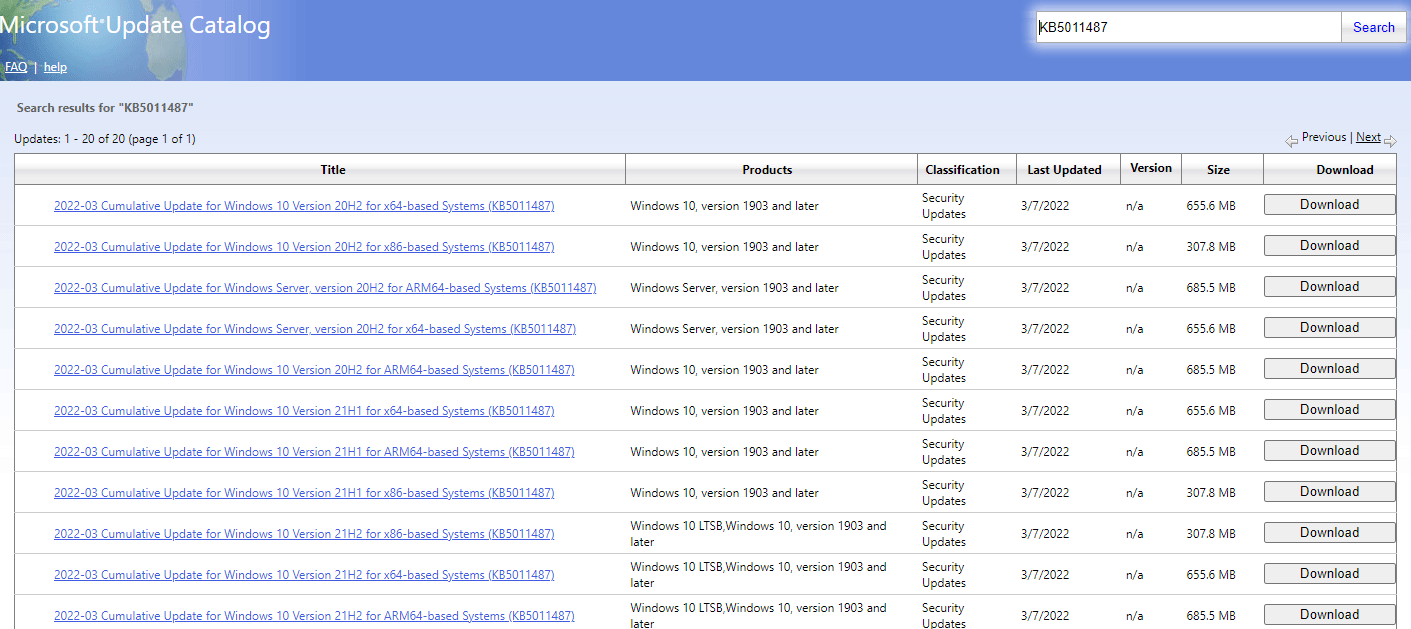 download KB5011487 via Microsoft Update Catalog