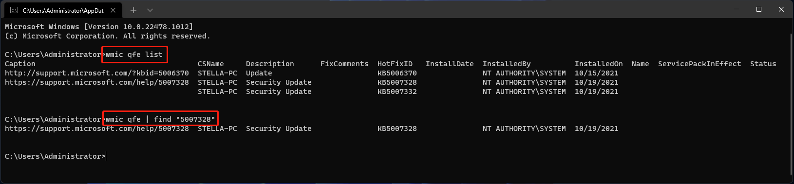 view Windows 11 update history using Command Prompt