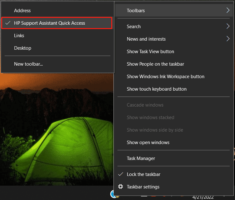 how to remove hp support assistant from taskbar windows 10