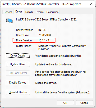 Intel(R) 8 Series/C220 Series SMBus Controller driver version