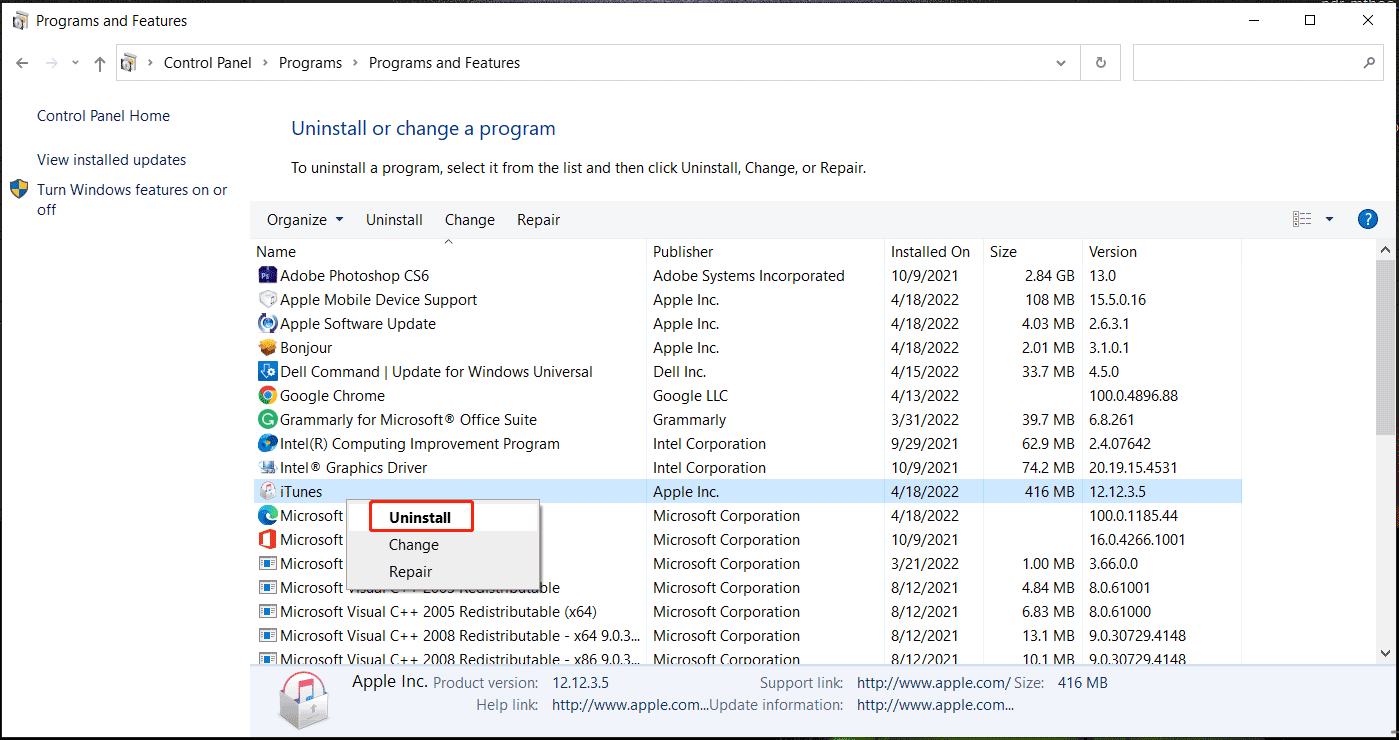 uninstall iTunes