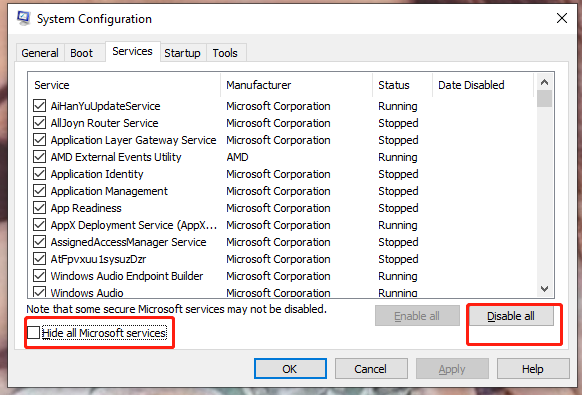 click hide all Microsoft services and Disable all