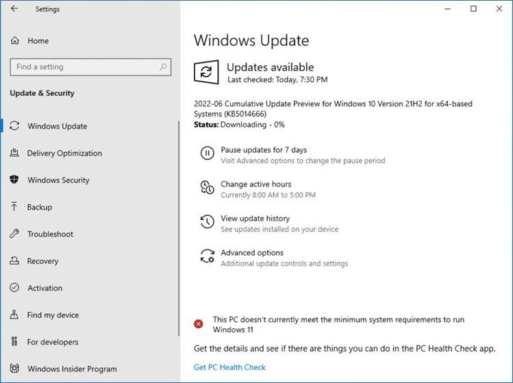 Windows 10 KB5014666 in Windows Update