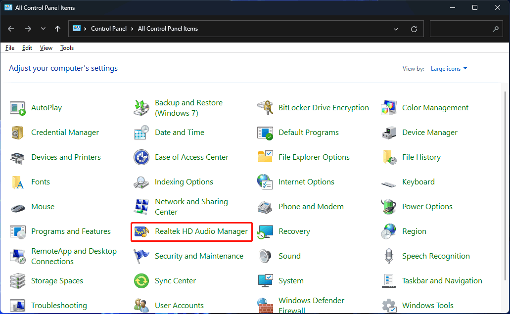 Realtek HD Audio Manager in Control Panel