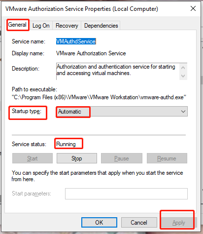 start VMware Authorization Service manually 