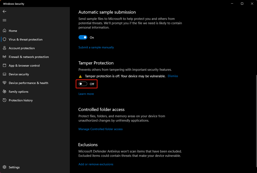 how to turn off tamper protection in windows 10