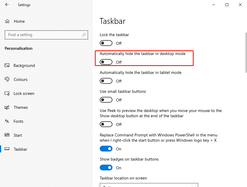 turn off Automatically hide taskbar in desktop mode