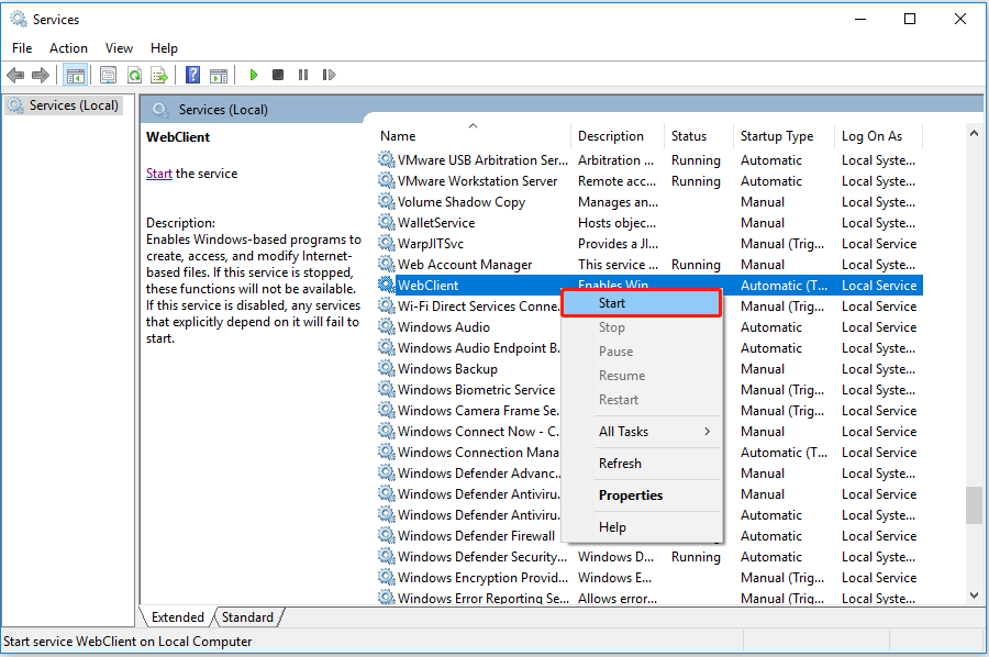 select the button to enable WebClient service