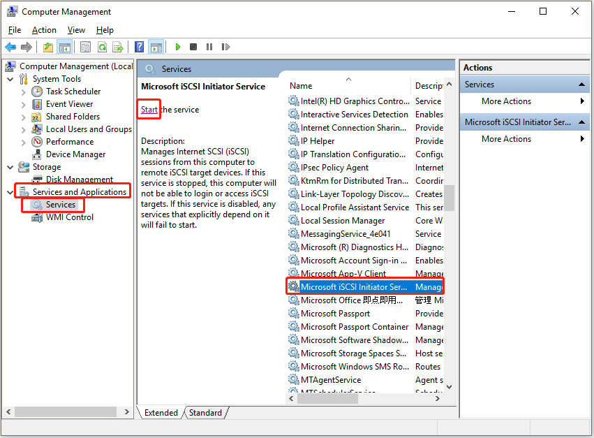 find the correct button to enable Microsoft iSCSI Initiator Service