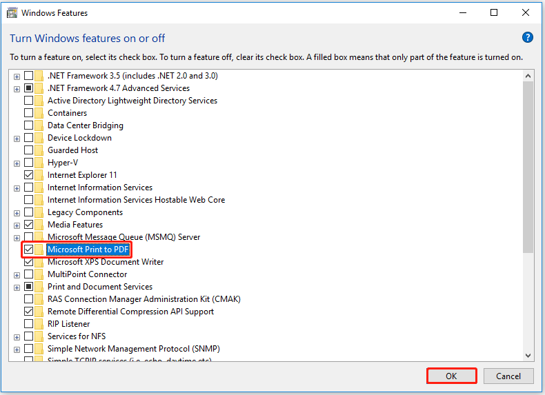 turn on Microsoft Print to PDF
