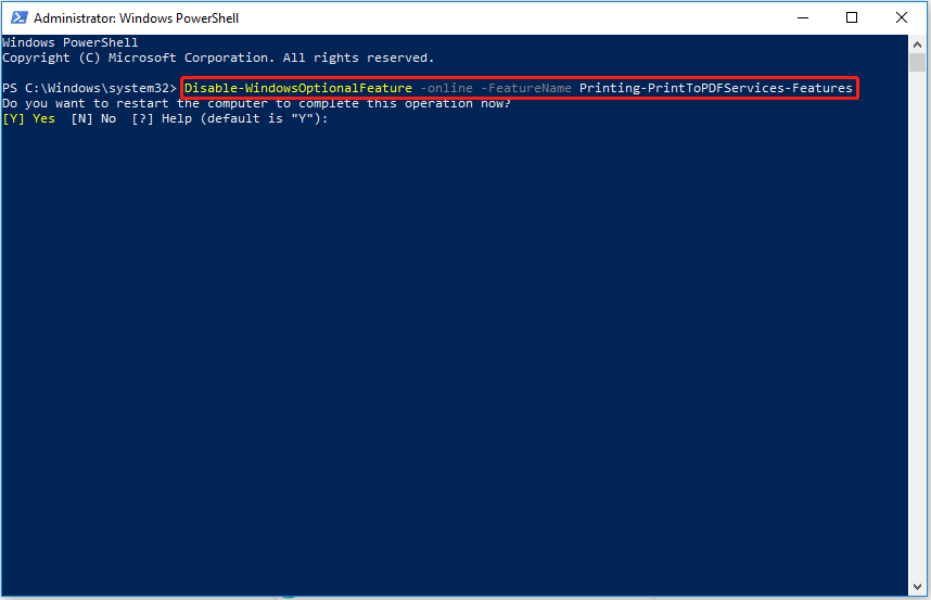 type the command to disable Microsoft Print to PDF
