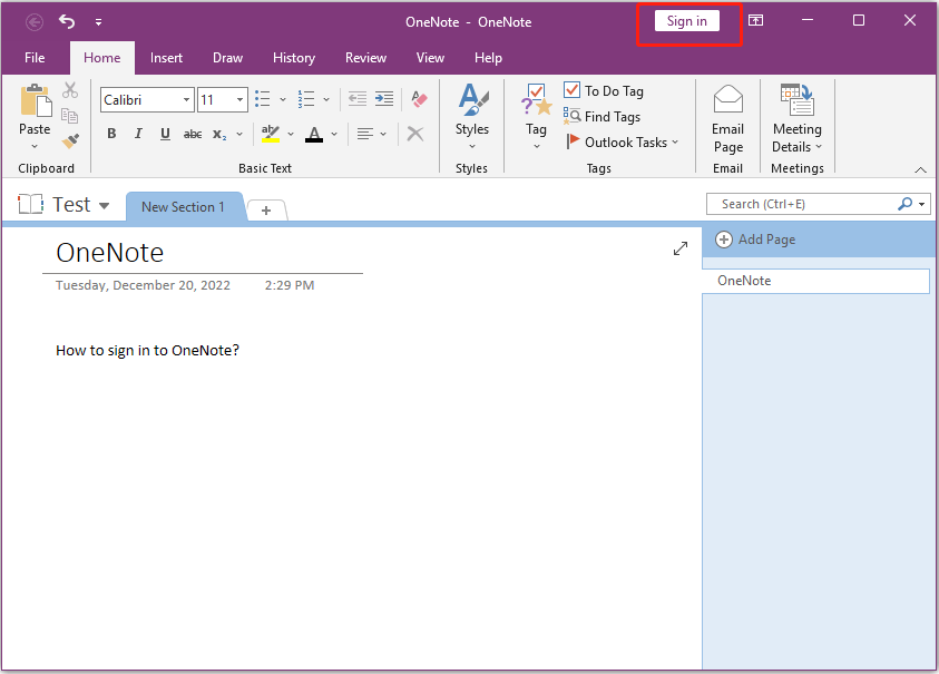 select the button to sign in to OneNote