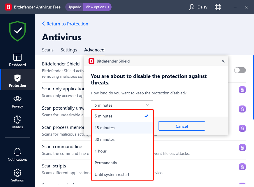 decide how long you want to keep the protection disabled