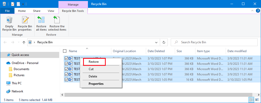 restore files from Recycle Bin