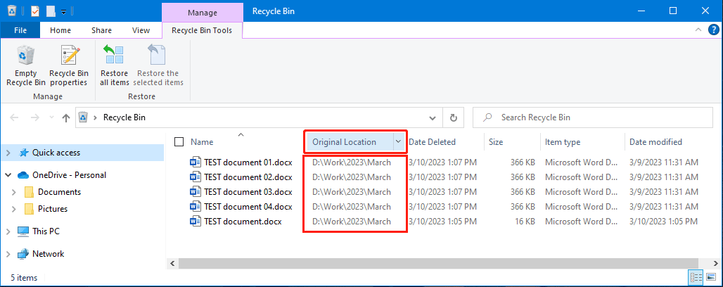 see the original location of the deleted file in Recycle Bin