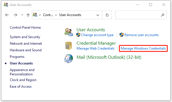 Select Manage Windows Credentials