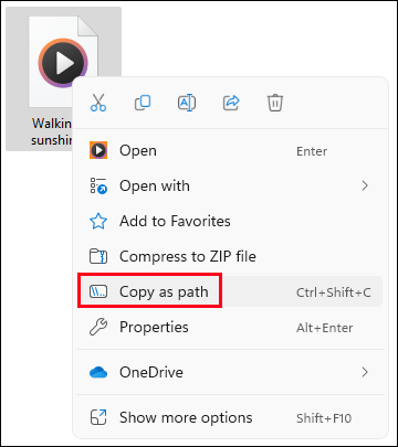 select Copy as path on Windows 11