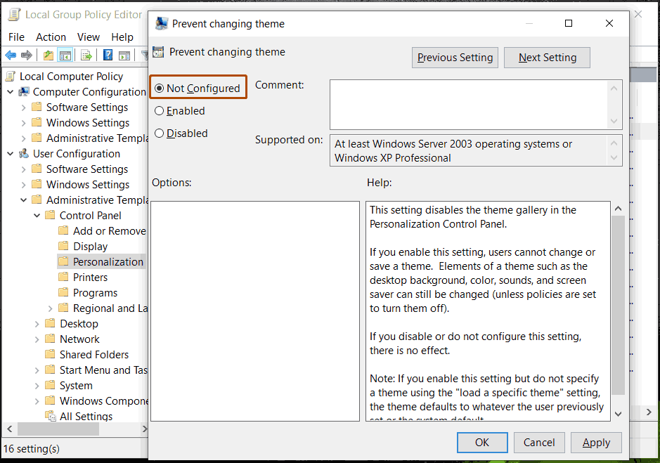 prevent changing theme in group policy