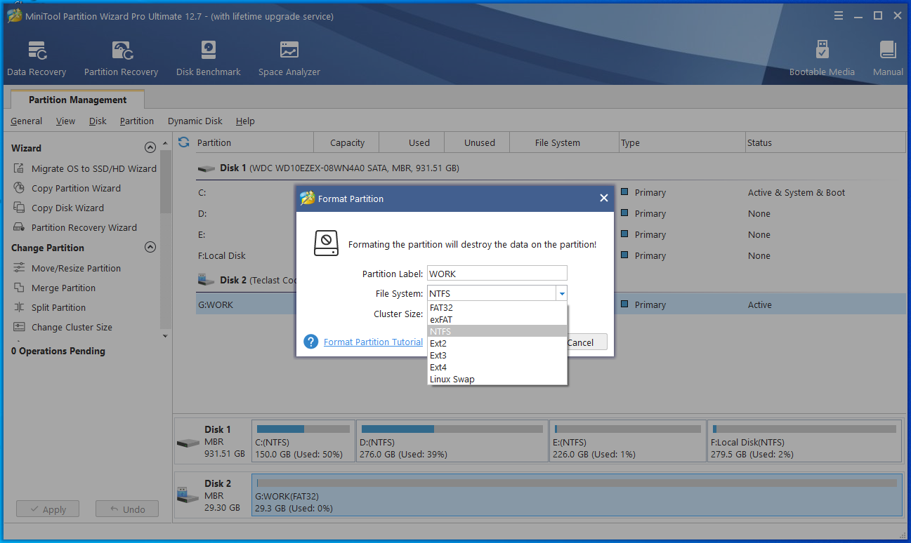 выбрать желаемую файловую систему