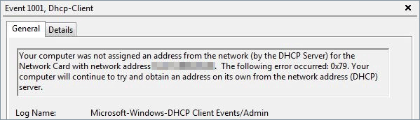 your computer was not assigned an address from the network (by the dhcp server) 0x79 DHCP error 0x79