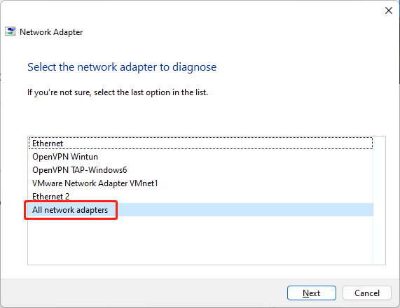 select the network adapter to diagnose