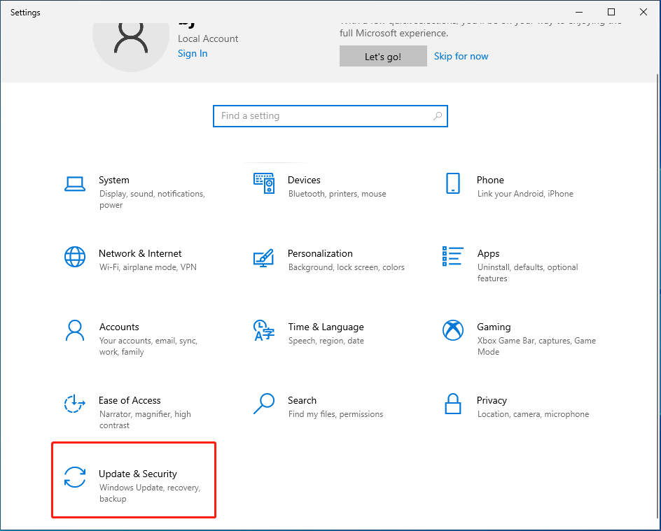 выберите Обновление и безопасность