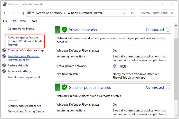 Klicka på Tillåt en app eller funktion via Windows Defender Firewall