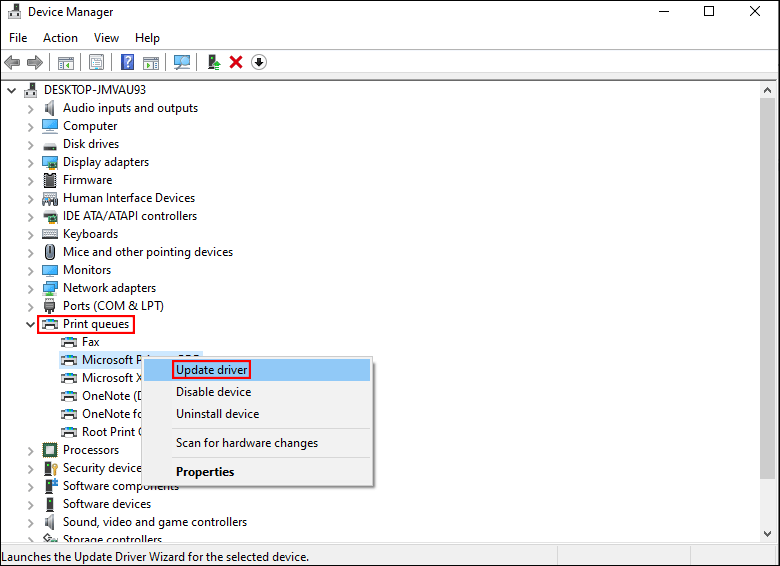 select a printer driver to update