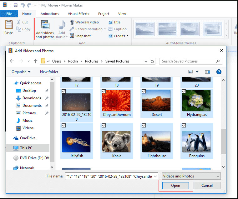 adicionar fotos ao Windows Movie Maker