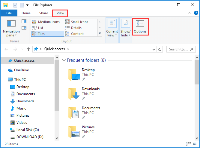 vá para Opções do File Explorer