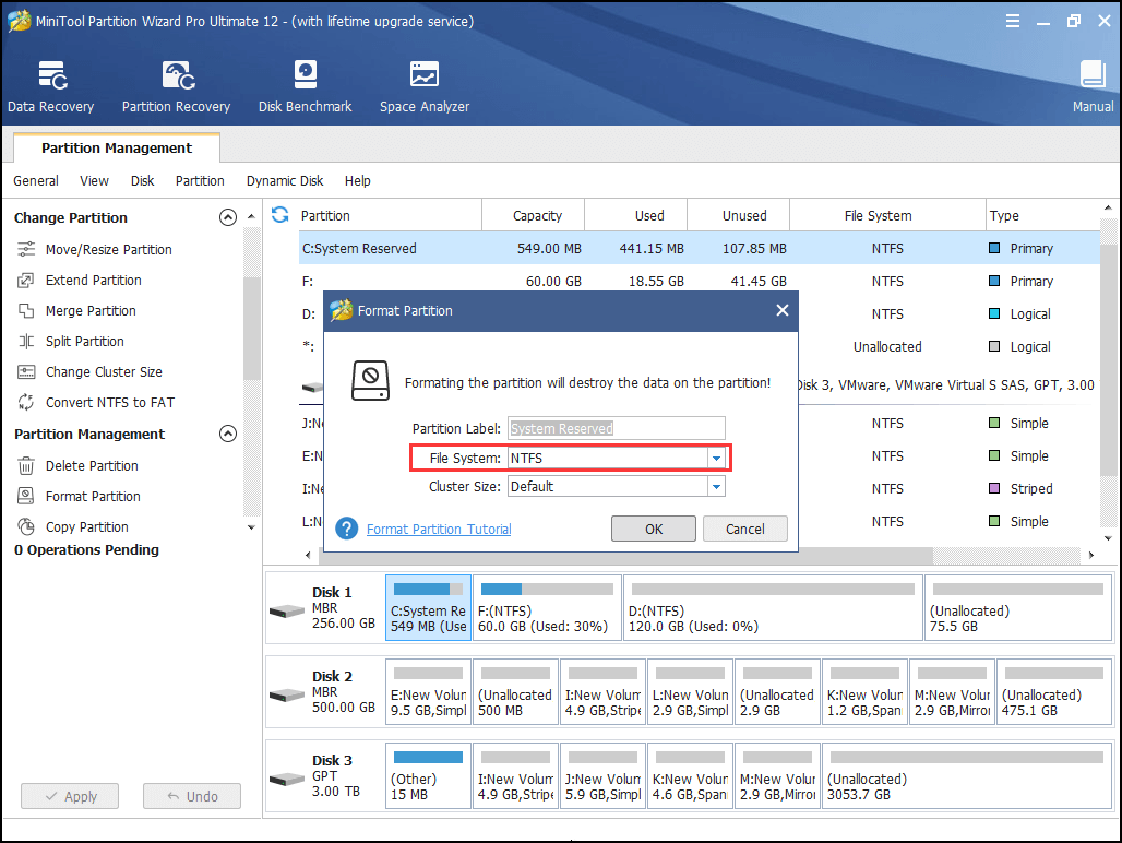 escolha NTFS como o sistema de arquivos de destino
