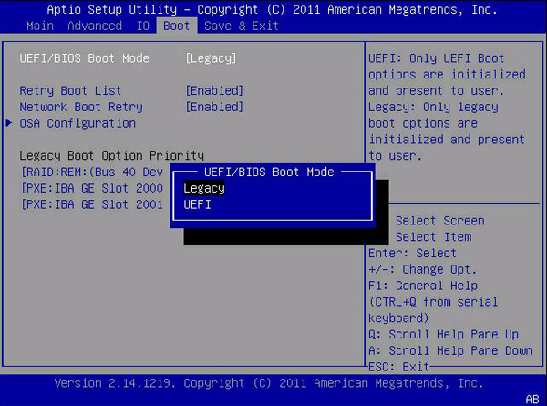 selecione o modo de inicialização UEFI ou BIOS