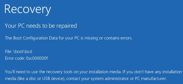 o erro 0xc000000f aparece durante a inicialização do Windows 8 e do Windows 10